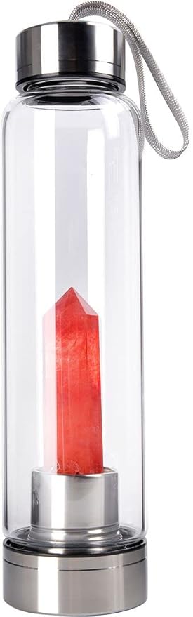 Crystal Glass Water Bottle, Glass Water Bottle with Changeable Natural Crystal Center, Quartz Gemstone Water Bottle for Natural