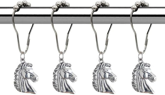 Horse Shower Curtain Hooks for Bathroom, Rustproof Stainless Steel Decorative Shower Curtain Rings with Zinc Alloy Horse Head Shaped Pendant Western Bathroom Decor 12PCS
