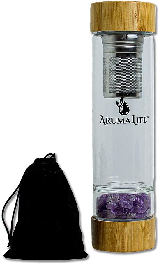 Crystal Water Bottle with a Loose-Leaf Tea/Fruit Infuser, Safe for Hot and Cold Drinks, Eco-friendly & Plus BONUS Protective Sleeve & Extra Set of Crystals Amethyst & Rose Quartz