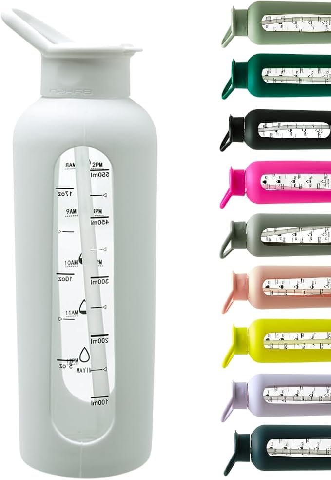 Mayim 24 Oz Glass Tumbler with Straw and Handle, Reusable Motivational Glass Water Bottle with Silicone Sleeve and Time Marker, Leak Proof Borosilicate Water Bottle -White