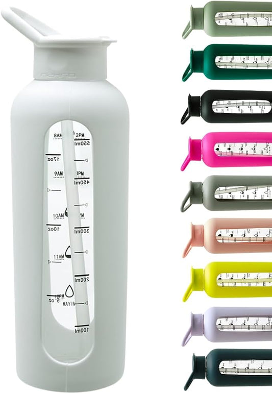 Mayim 24 Oz Glass Tumbler with Straw and Handle, Reusable Motivational Glass Water Bottle with Silicone Sleeve and Time Marker, Leak Proof Borosilicate Water Bottle -White