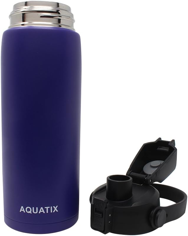 New Aquatix (Purple, 21 Ounce) Pure Stainless Steel Double Wall Vacuum Insulated Sports Water Bottle Convenient Flip Top Cap with Removable Strap Handle - Keeps Drinks Cold 24 hr/Hot 6 hr