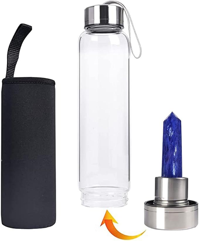 Crystal Glass Water Bottle Energy Quartz Gemstone Water Bottle with Changeable Natural Crystal Center for Healing and Wellness Blue Fused Crystal
