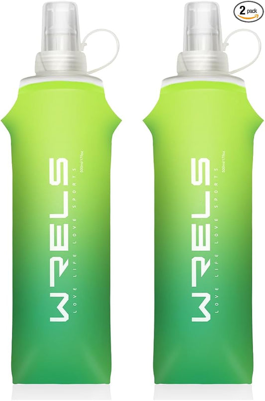 Collapsible TPU Soft Flask,Reusable Handheld Soft Water Bottle for Hydration Pack,BPA Free Gradient Folding Water Flask for Running Cycling Climbing (Mix Green-500ml *2)