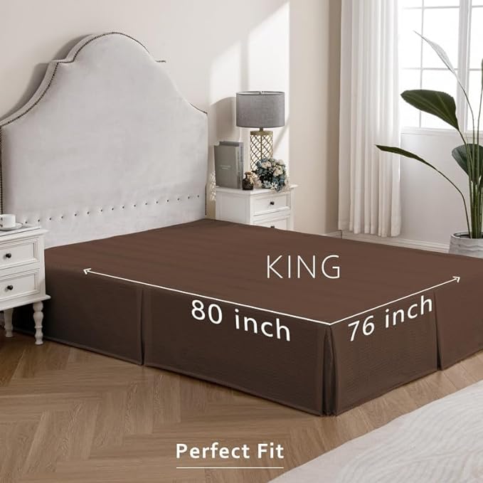MIYE Pleated Waffle Weave Bed Skirt, Tailored Dust Ruffle 16 Inch Drop Easy Fit, Machine Washable (Brown, King - 16" Drop)