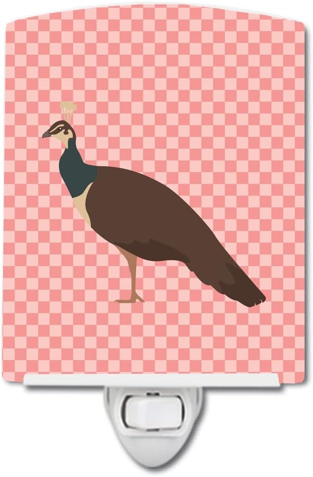 Caroline's Treasures BB7927CNL Indian Peahen Peafowl Pink Check Ceramic Night Light Compact, UL-Certified, Ideal for Bedroom, Bathroom, Nursery, Hallway, Kitchen, 6x4x3, Multicolor