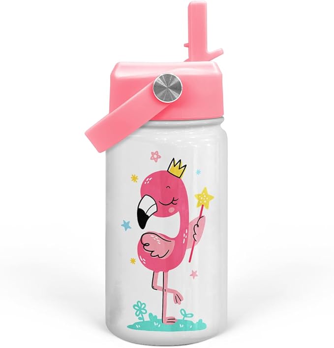Flamingo Water Bottle - Kids Water Bottle with Straw Lid - 12 Oz Insulated Stainless Steel Water Bottles for Toddlers Kid Girls - Travel Cup for School Sports