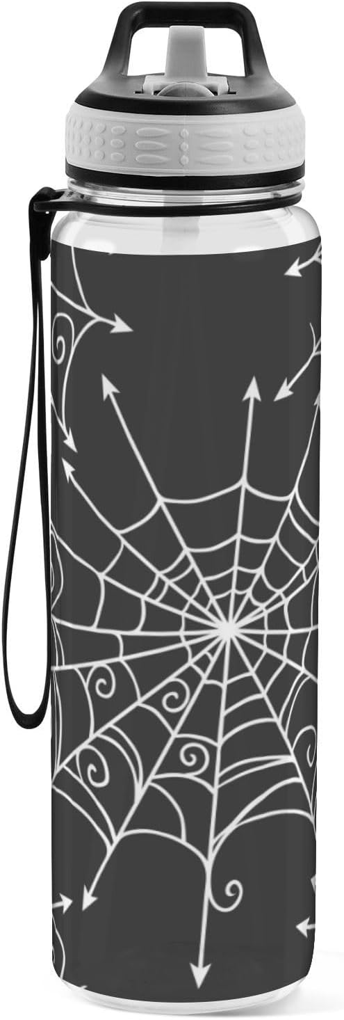 Water Bottle with Straw Spiderweb Halloween Sports Bottles BPA-Free Tritan Black Water Jug with Carrying Strap for Women Men Gym Outdoor Sports
