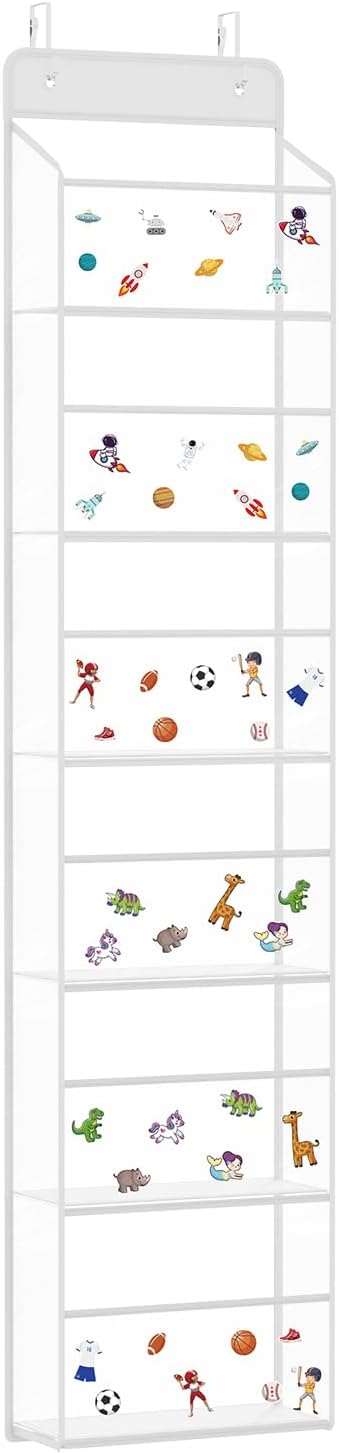 Univivi Over The Door Organizer Hanging Storage, Closet Door Organizer Baby Storage with 6 Clear Plastic Pockets & 2 Big Metal Hooks & Sticker for Cosmetics, Bathroom, Nursery and Sundries