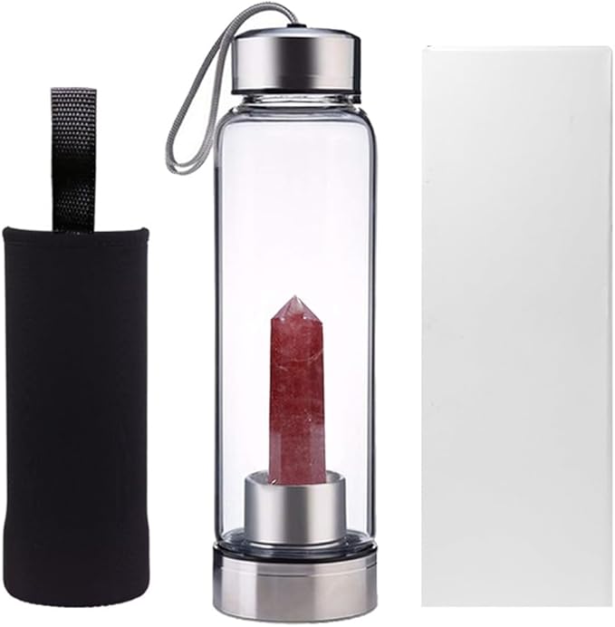 Crystal Glass Water Bottle,Water Bottle With Gemstone Center Crystal Elixir Bottle,Removable Gemstones Creative Water Cup Crystal Column Magic Wand Energy Cup for Gifts (U-Strawberry Crystal)