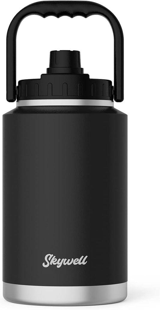 SkyWell 1 Gallon Insulated Water Bottle with Handle and Wide Mouth Water Flask Sweat-Proof and Leak-Proof 128 Oz Stainless Steel Water Jug for Outdoors, Black