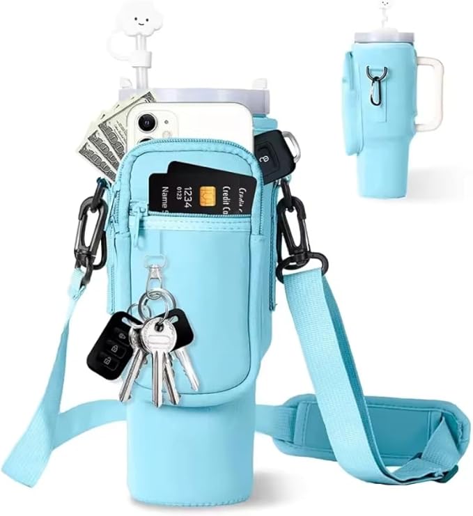 Prime Choice 30oz / 40oz Water Bottle Holder Sleeve Water Bottle Sling Carrier Bag Compatible With 30 40oz Stanley Cup Tumbler and Simple Modern Tumbler (Blue)