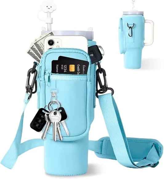 Prime Choice 30oz / 40oz Water Bottle Holder Sleeve Water Bottle Sling Carrier Bag Compatible With 30 40oz Stanley Cup Tumbler and Simple Modern Tumbler (Blue)