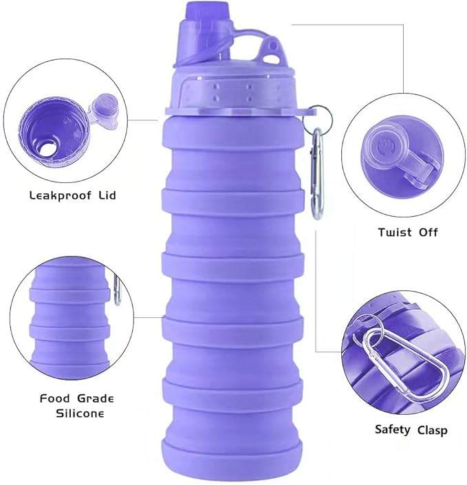 Collapsible Water Bottle Travel Water Bottle Portable Hiking Water Bottle with Leak proof Twist Cap 500ML Reusable BPA Free Silicone Water Bottles (Style1, Purple)