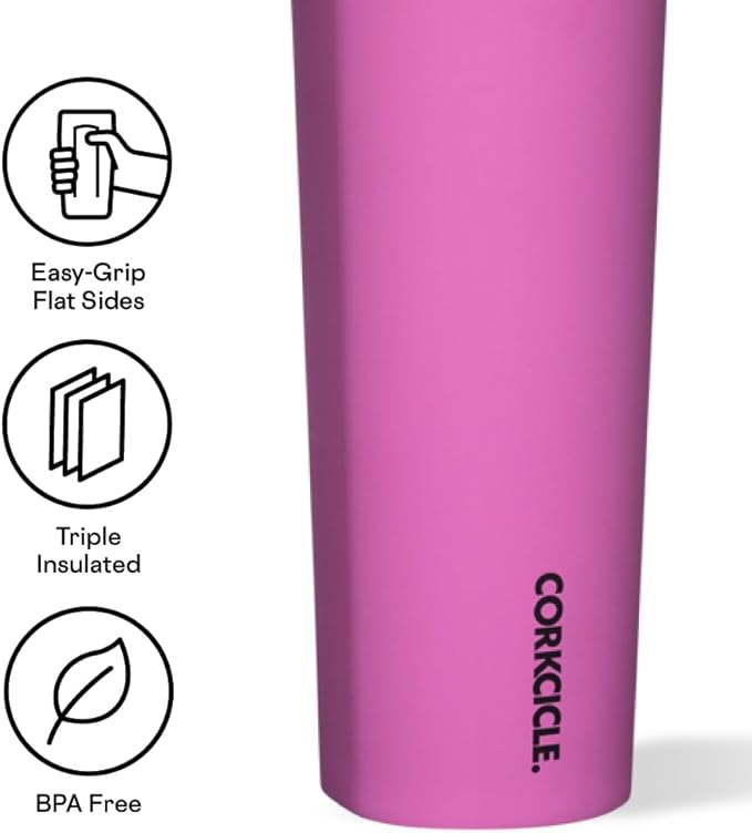 Corkcicle Insulated Canteen Travel Water Bottle, Triple Insulated Stainless Steel, Easy Grip Straw Mouth, Keeps Beverages Cold for 25 Hours or Warm for 12 Hours, 20oz, Fuchsia