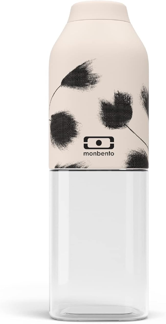monbento - Clear Reusable Water Bottle MB Positive M graphic Plume - 17 floz/500 ml Water Bottle Perfect for Work, Travel, Sport, Picnic - Compact, Leakproof BPA Free Water Bottle - Black Feathers