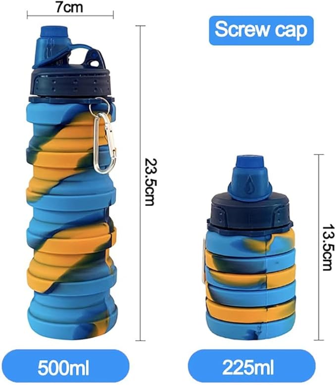 Collapsible Water Bottles 500 ml with silicone collapsible cup 200 ml.Travel Water Bottle Portable Reusable BPA Free Silicone Water Bottles. (Yellow Camouflage+Green)