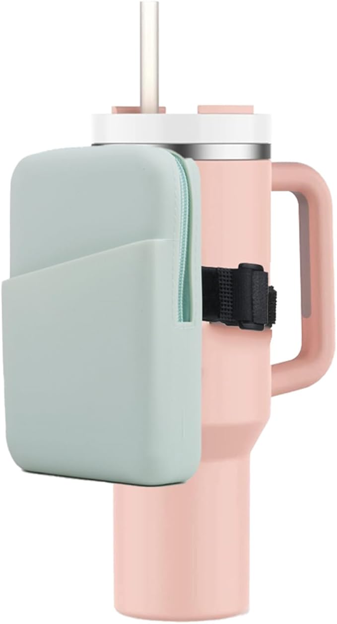 Water Bottle Pouch for Stanley Quencher Adventure 40oz & Stanley IceFlow 20oz 30oz, Silicone Design Tumbler Pouch for Phone, Card, Keys, Earphone (Green)