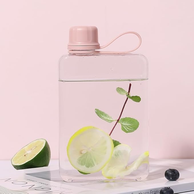 Tritan Transparent Flat Water Bottle samll Water Bottle Slim Square Pocket Bottle Water Flask, BPA Free/Slim Design/Leak Proof Water Bottle for Travel, Outdoor, Sports, Camping (Pink, 500ML)
