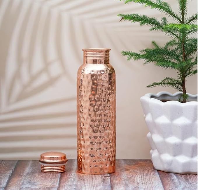 Pure Copper Water Bottle, Hammered Seamless, UNLINED, UNCOATED and LACQURED-FREE, 1000 Ml (33.81 Fl Oz) Capacity For Ayurveda Health Benefits Set of 4, Rose Gold