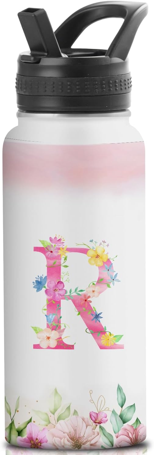 Personalized 32oz Water Bottle with Straw Customized Initial Letter Sport Bottles Monogrammed Initial Insulated Bottle Coffee Mug for Travel (R)
