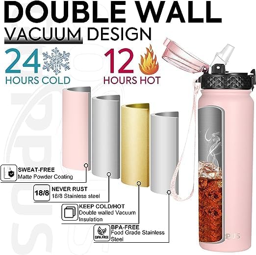 GOPPUS 32 oz Sports Water Bottle 1 Liter Double Wall Insulated Stainless Steel Water Bottles with Straw Lid Reusable Leak proof Metal water bottles with Strap Handle(Pink 1 lid)