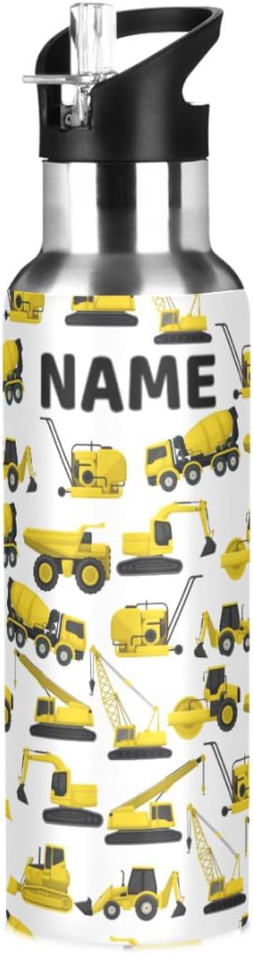Construction Truck Excavator Bulldozer Stainless Steel Water Bottle with Straw Lid - 20 Oz Sports Insulated Water Bottle Thermos for Sport Gym Outdoor Travel School