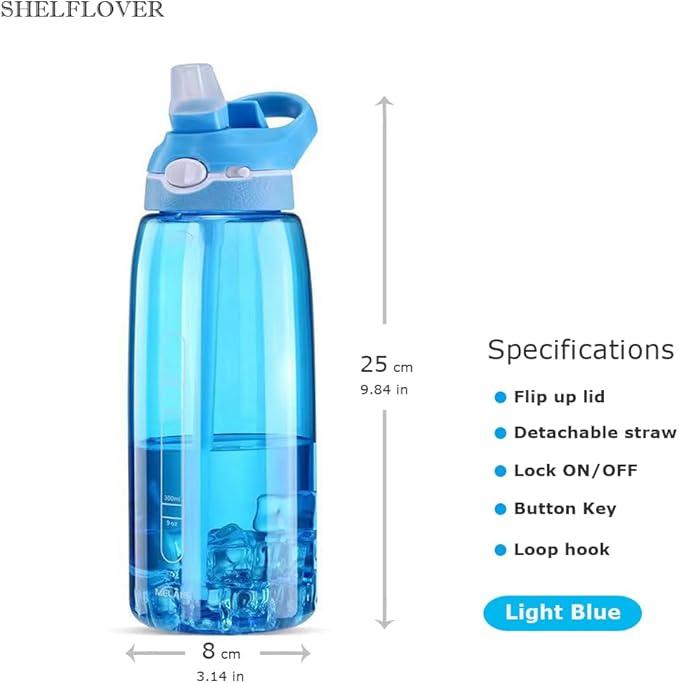 SHELFLOVER Light Blue Water Bottle With Narrow Straw, BPA FREE Clear Bottles With Handle One Hand Use Easy Carried, Flip Up, Suit School, Office, Gym, Office, 32oz (1000ml), SLWB32OZP