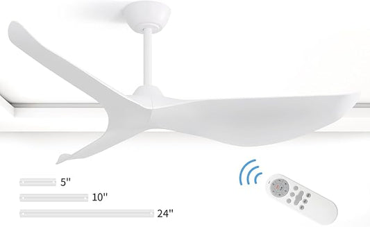 CACI Mall Ceiling Fans without Lights - 52-Inch Flush Mount Ceiling Fan with 6 Speeds, 3 Timer Remote, Quiet Reversible DC Motor, and 5"/10"/25" Replacement Downrods (White ABS Blades)
