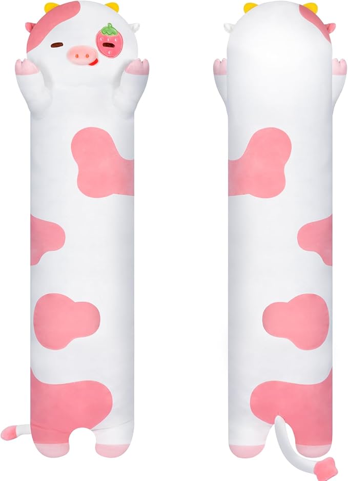 Long Cow Plush Kawaii Kids Plush Toy Pillows, Cute Cow Stuffed Animals Soft Plushies, Kitten Big Plush Toys Throw Body Pillow Doll Gift for Girls Boys (Strawberry Cow 44 Inch