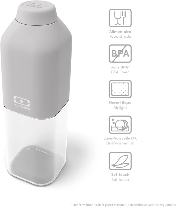 monbento - Water Bottle MB Positive M Coton 17 Oz - Leakproof Water Bottle Perfect for Work, Travel, Sport, or to Slip into a Handbag - BPA Free - Food Grade Safe - Grey
