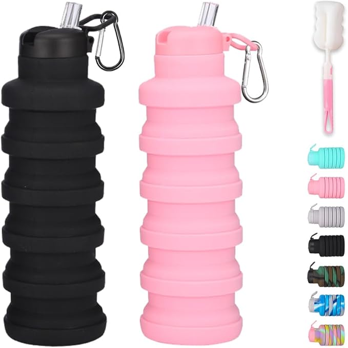 Collapsible water bottles 2 Pack with brush,BPA Free Travel Silicone Water Bottle with Carabiner,Reusable Foldable Portable Lightweight Sports bottles for Gym Camping Hiking (Black+Pink)