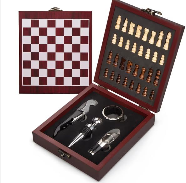 Wine Bottle Opener Tool Set – Chess Board Game – Wooden Box Wine Set – Luxury Wine Accessory Set – Stylish Gift Box – Gift – Gift Idea – Gift for Man – Gift for Friend – Birthday Gift, Brown