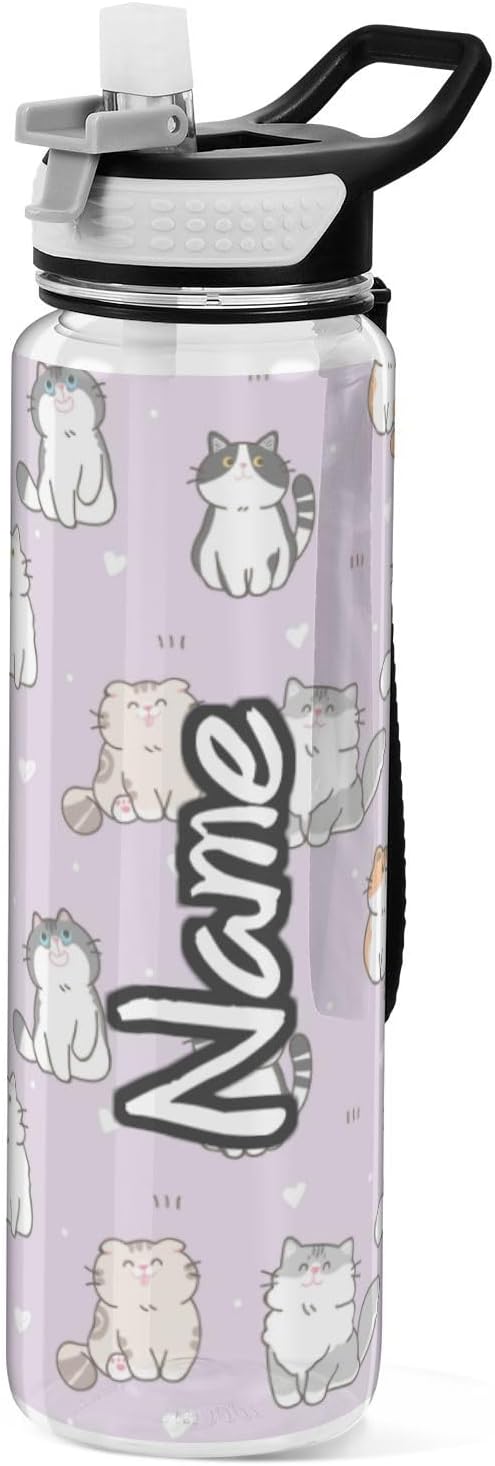 Personalized Custom Water Bottle with Straw Cute Cat Purple Sports Bottles BPA-Free Tritan Heart Water Jug with Carrying Strap for Gym Office Outdoor Sports