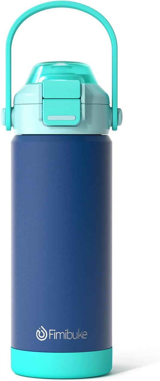 Fimibuke Kids Insulated Water Bottle with Pop-Open Straw & Spout 2-in-1 Lid, 18oz Leak Proof 18/8 Stainless Steel Vacuum Tumbler, BPA-Free Kids Cup For Travel School Boys Girls Toddler 1Pack,Navy Blue