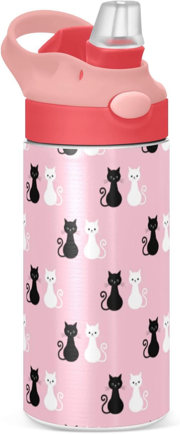 Black White Cat Kids Water Bottle with Straw Pink Insulated Stainless Steel BPA-Free Sport Bottles for Boys Girls Toddlers 12 oz Lid