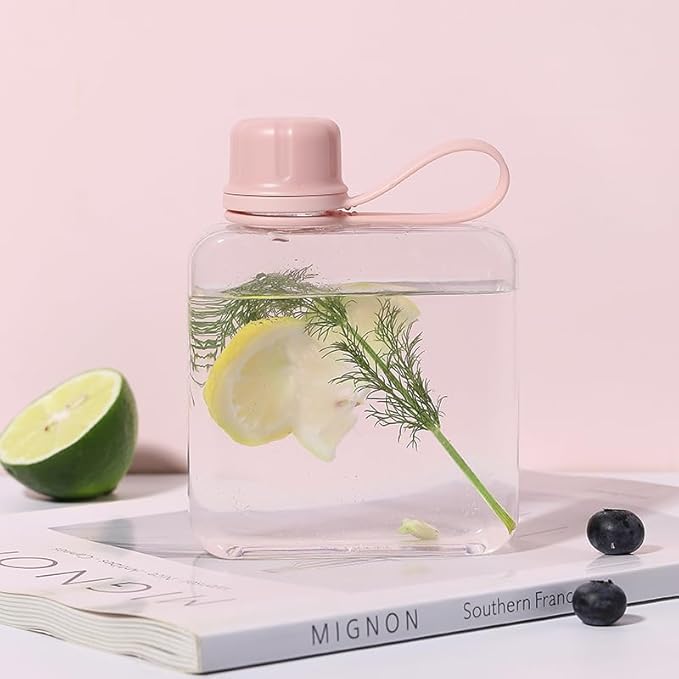 Tritan Transparent Flat Water Bottle samll Water Bottle Slim Square Pocket Bottle Water Flask, BPA Free/Slim Design/Leak Proof Water Bottle for Travel, Outdoor, Sports, Camping (Pink, 320ML)