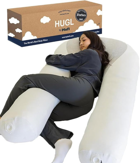 Plufl Hugl Extra Large Cooling Body Pillow for Adults U Shaped Maternity Pillow Great for Side Sleepers & Pregnant Women | Washable Cover | White