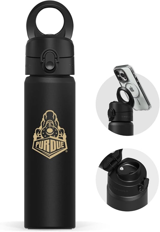 RHINOSHIELD AquaStand Magnetic Bottle 23 oz | Stainless Steel Insulated Sport Bottle w/MagSafe Handle, Adjustable Tripod, Rounded Spout & Leak-Proof - Purdue University - Boiler Up® - Dark