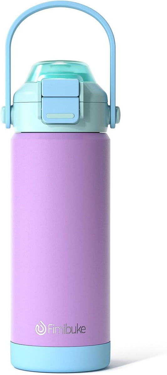 Fimibuke Kids Insulated Water Bottle with Pop-Open Straw & Spout 2-in-1 Lid, 18oz Leak Proof 18/8 Stainless Steel Vacuum Tumbler, BPA-Free Kids Cup For Travel School Boys Girls Toddler 1Pack,Purple
