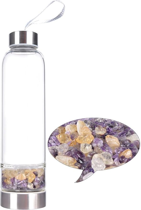 Crystal Glass Water Bottle Natural Crystal Energy Bottle with Changeable Natural Crystal Stons for Healing and Wellness Gem Elixir Infused Glass Water Bottle