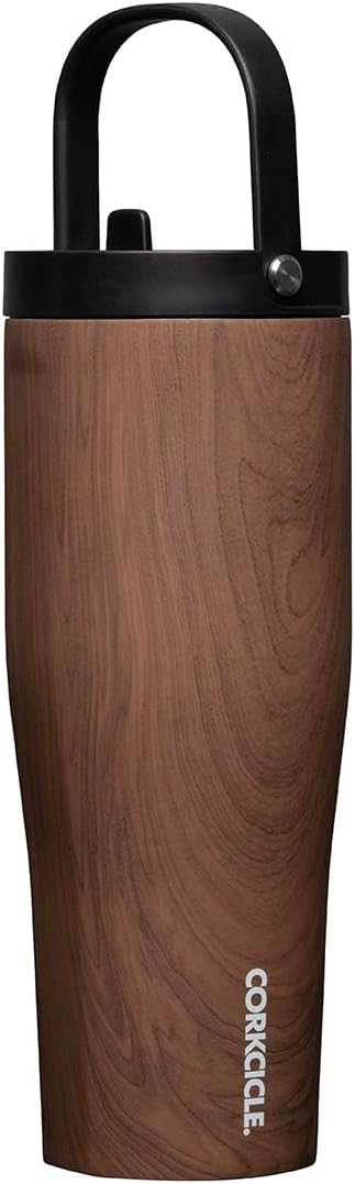 Corkcicle Go Cup XL Insulated Tumbler with Lid and Straw, Walnut Wood, 30 oz – Reusable Water Bottle Keeps Beverages Cold for 12hrs – Cupholder Friendly Tumbler, Leak-Proof Design