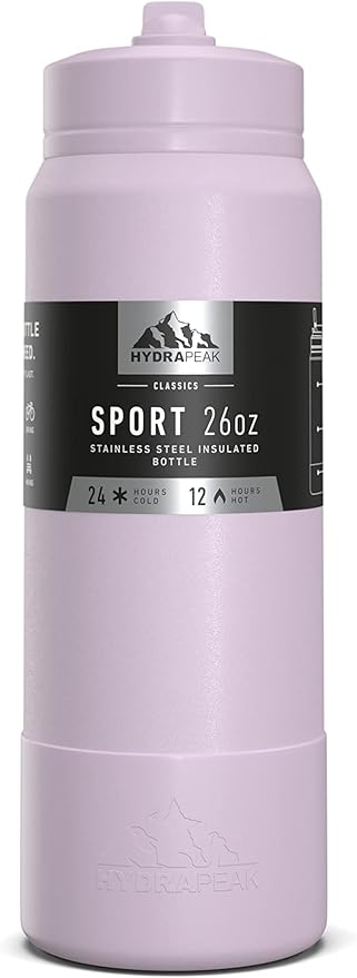 Hydrapeak 26oz Sport Insulated Water Bottle with Straw or Chug Lid, Leak & Spill Proof, Keeps Drinks Cold for 24 Hours, Hot for 12 Hours, Premium Stainless Steel Water Bottles (26oz, Blush)