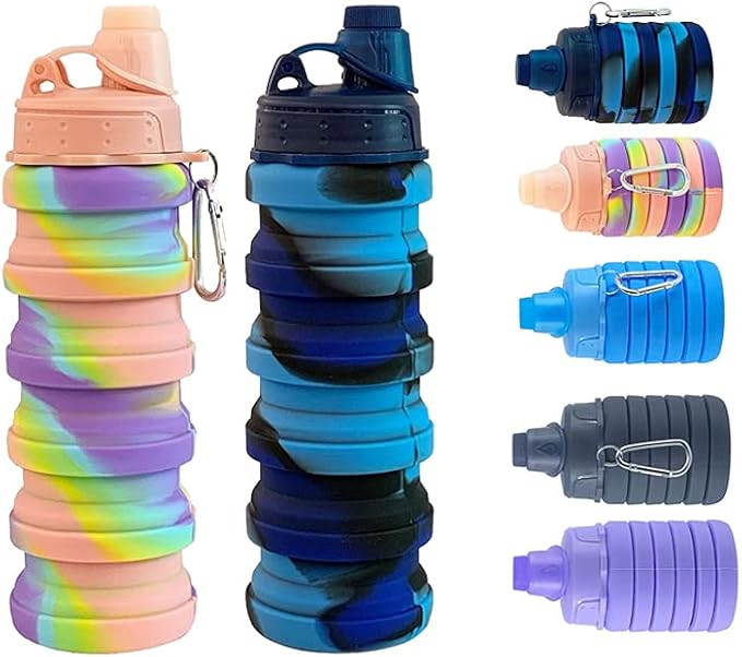 Collapsible Water Bottles 2 pack Travel Water Bottle Portable Hiking Water Bottle 500ML Reusable BPA Free Silicone Water Bottles (Style1, Pink camouflage+ Blue camouflage)