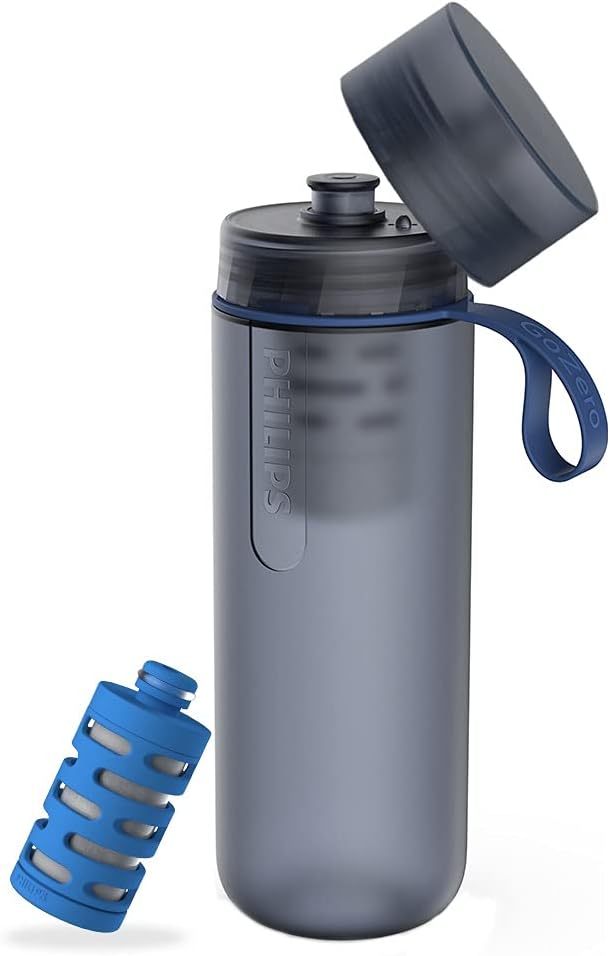 PHILIPS Water GoZero Active BPA-Free Water Bottle with Fitness Tap Water Filter, Sport Squeeze Water Bottle, Lightweight, Blue, 20 oz with Fitness Filter, Blue