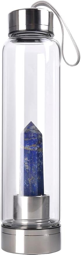 Crystal Glass Water Bottle Energy Quartz Gemstone Water Bottle with Changeable Natural Crystal Center for Healing and Wellness Lapis Lazuli