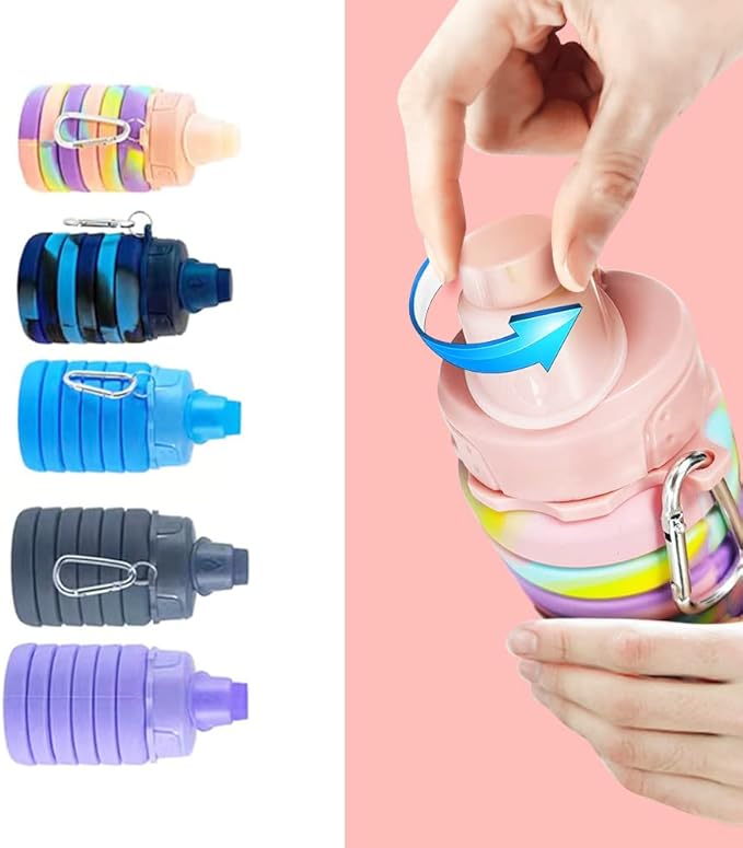 Collapsible Water Bottles 2 pack Travel Water Bottle Portable Hiking Water Bottle with Leak proof Twist Cap 500ML Reusable BPA Free Silicone Water Bottles (Style1, Black+Purple)