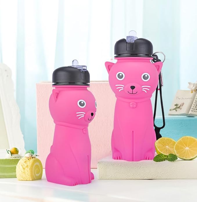 Collapsible Silicone cat Water Bottle with Carabiner |500ml(16.9 oz) | for Girls in the School, Hiking, Backpacking, Camping, Work out Sports | BPA Free(kawaii & cute Rose red cat)