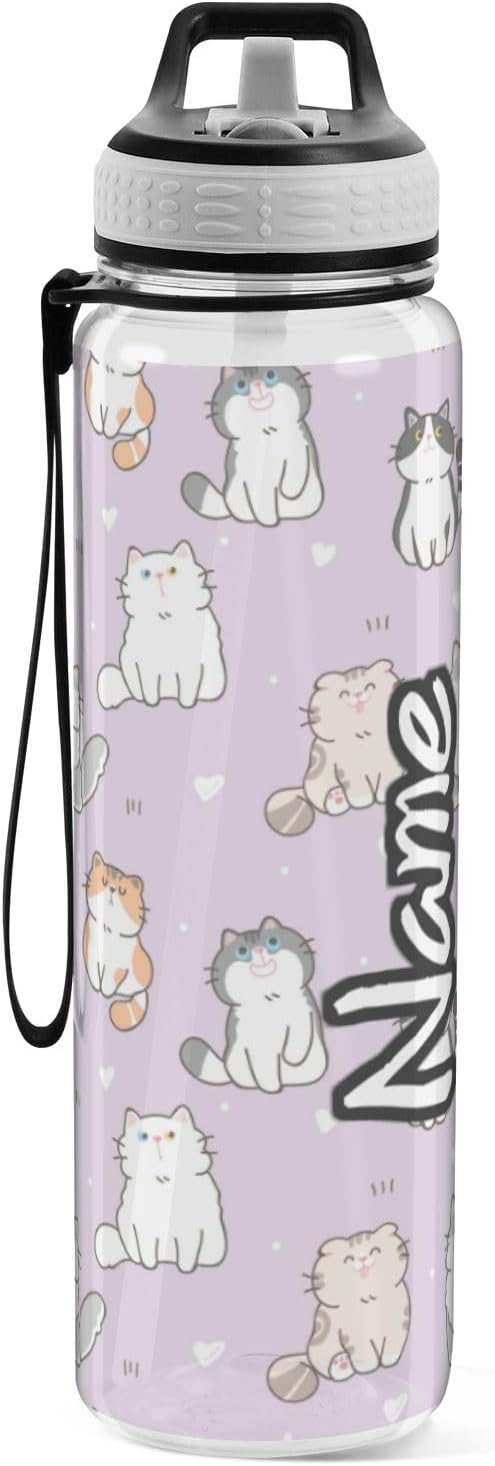 Personalized Custom Water Bottle with Straw Cute Cat Purple Sports Bottles BPA-Free Tritan Heart Water Jug with Carrying Strap for Gym Office Outdoor Sports