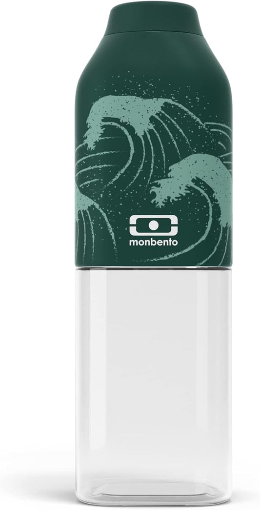 monbento - Water Bottle MB Positive M Nami 17 Oz - Leakproof Water Bottle Perfect for Work, Travel, Sport, or to Slip into a Handbag - BPA Free - Food Grade Safe - Waves Pattern - Green
